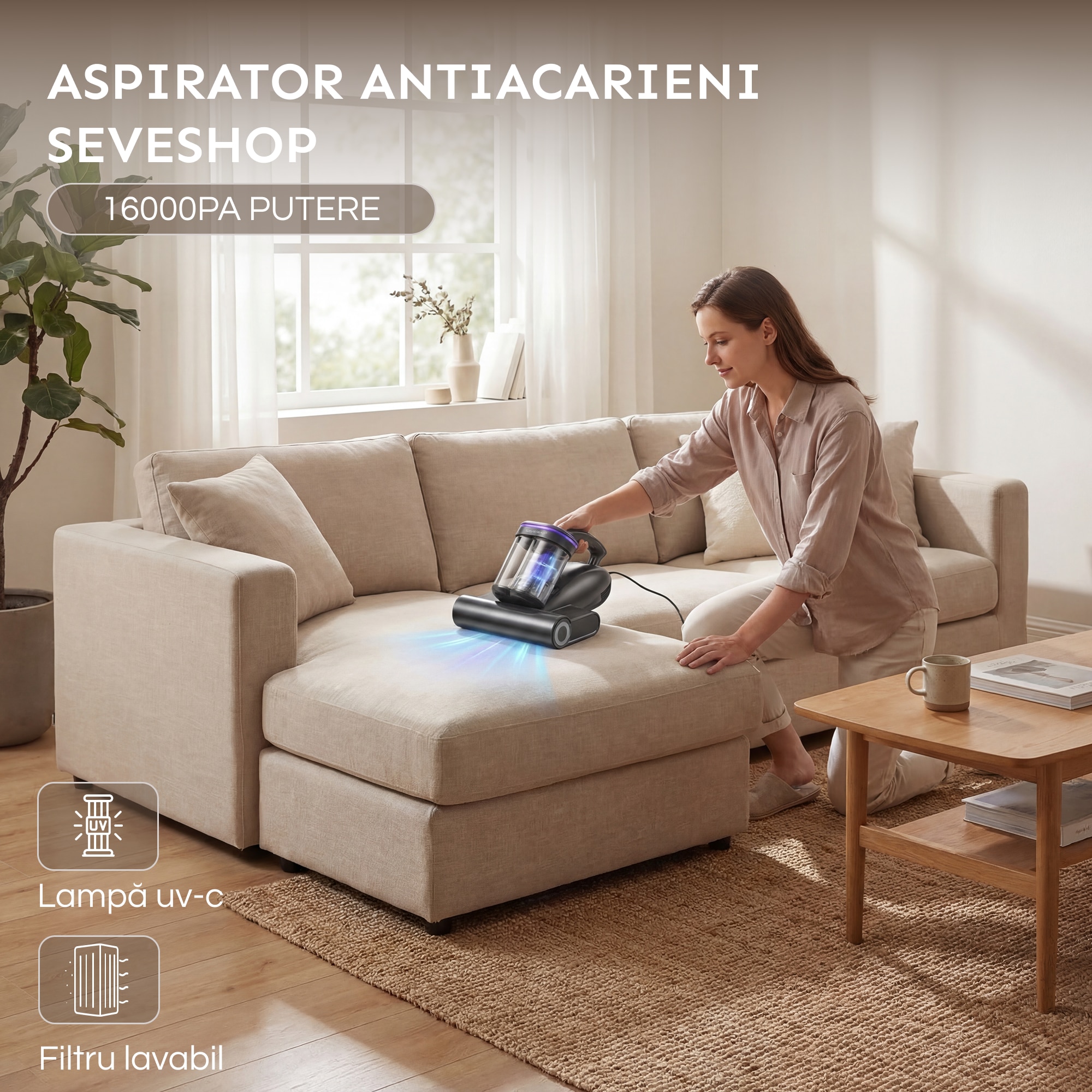 Aspirator Antiacarieni, SeveShop®, Aspirator Cu Filtru HEPA Lavabil, Motor 500W, 16000Pa, Vibratii Deprofundare, Lampa UV-C 253.7nm, Incalzire Aer, Aspirator Ideal Pentru Saltele Si Canapele, Usor De Manuit, Aspirator Cu Actiune Profunda, Negru