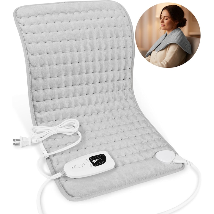 Patura Electrica Thermix™ Mini HeatFlow, Terapie Termica Duala Uscat/Umed, Flannel PlushSoft+, Incalzire Instant, 6 Moduri Temperatura, Timer Intelli, SafeStop Auto, Telecomanda Control, Lavabila, 30x60 Cm, Silver