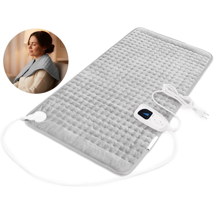 Patura Electrica Thermix™ Maxi HeatFlow, Terapie Termica Duala Uscat/Umed, Flannel PlushSoft+, Incalzire Instant, 6 Moduri Temperatura, Timer Intelli, SafeStop Auto, Telecomanda Control, Lavabila, 40x76 Cm, Silver