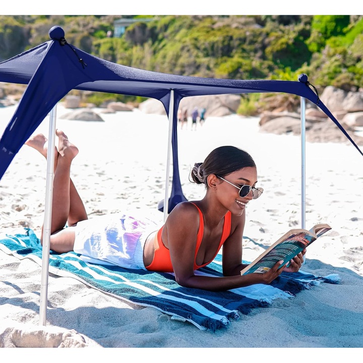 Cort de plaja Sun Ninja, 120 x 80 cm, instalare rapida, protectie UV, albastru