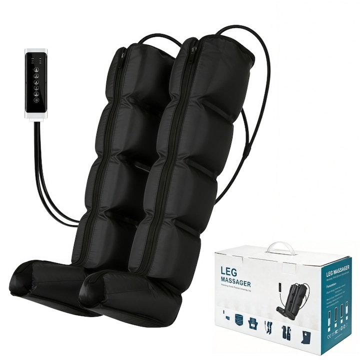 Aparat de masaj picioare, AjieQaQ®, tip cizme cu 12 camere compresie aer, 5 programe personalizate, 3 niveluri intensitate reglabile, pentru drenaj limfatic, relaxare musculara, imbunatatire circulatie sanguina, recuperare zone coapse, gambe, talpi