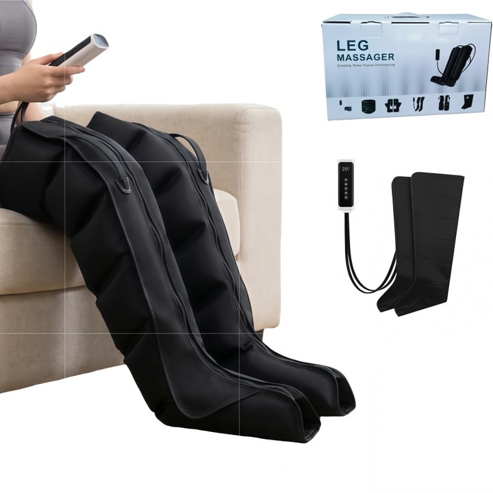 Масажор за крака, AjieQaQ®, тип ботуши с 6 въздушни компресионни камери, за лимфен дренаж, мускулна релаксация, подобряване на кръвообращението, възстановяване на зони бедра, прасци, стъпала, 5 персонализирани програми, 3 регулируеми нива на интензивност