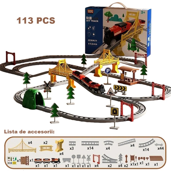 Set Jucarie Circuit Trenulet Electric, Cu Pista De Mare Viteza, Cu 113 Piese, Bariera, Pod, Indicatorii, Traseu Multifunctional, Multicolor