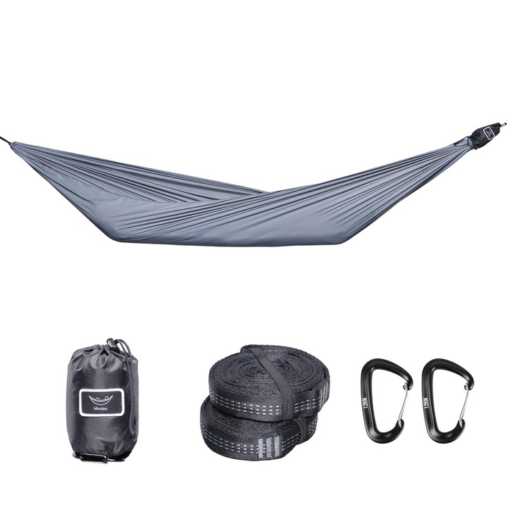 Хамак hikerjoy, ултра лек, ултра преносим, отличен за къмпинг, на открито, туризъм, 270x140 см, включени две каишки за закрепване и карабинери, сив