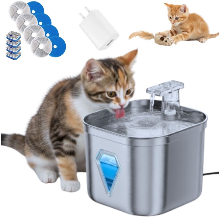 Фонтан за вода за котки, автоматичен диспенсър за малки кучета, поилка PRAXELL®, неръждаема стомана 304 2.5L, безшумна LED помпа, филтрация с активен въглен, 4 филтъра, адаптер за контакт, авариен резервоар, играчка с пера