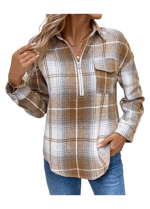 Camasa dama, kaki, carouri, cu guler cu fermoar, M INTL