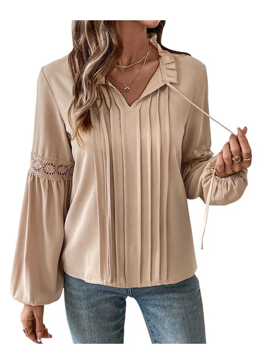 Bluza dama, bej, camasa plisata, decolteu in V, dantela, M INTL