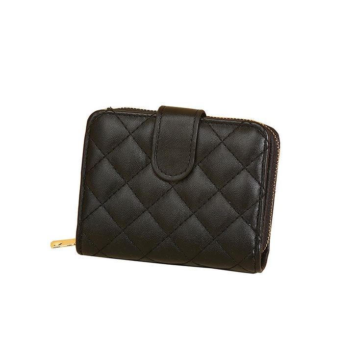 Къс дамски портфейл с компактен дизайн, PU кожа, множество слотове за карти, черен цвят