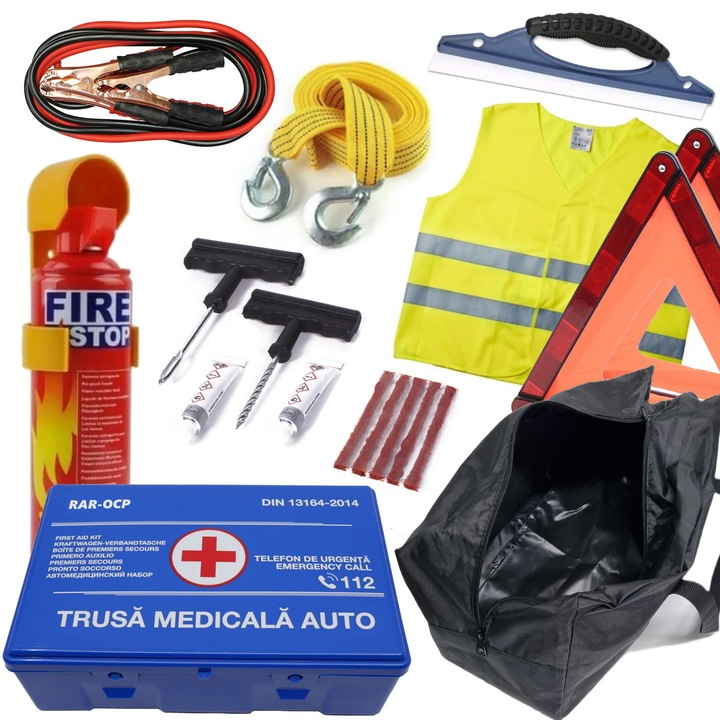 Kit auto Diov, pachet siguranță, trusă medicală, stingător, triunghiuri, vestă, cabluri curent, geantă, multicolor