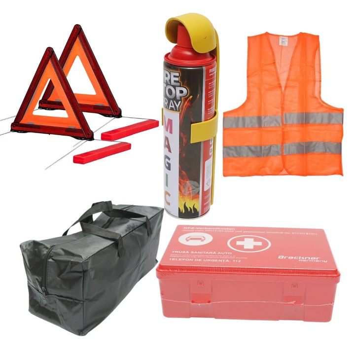 Комплект за безопасност на автомобила Dodaco, пълен комплект със спрей пожарогасител 1000 мл, светлоотразителни триъгълници, оранжева светлоотразителна жилетка, аптечка