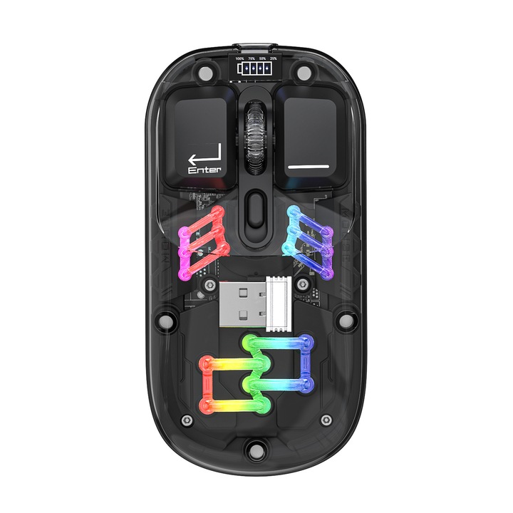 Mouse transparent, incarcare wireless, conectivitate duala, iluminare RGB, design ergonomic