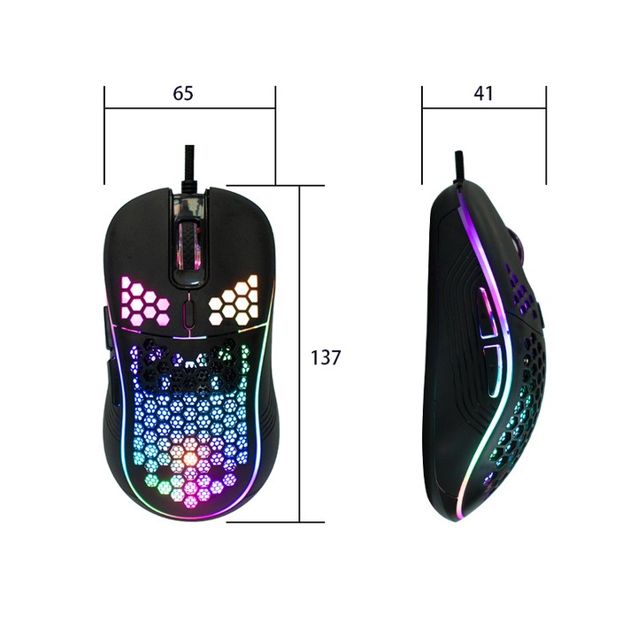 Mouse de gaming cu fir, 7200 DPI, iluminare RGB, negru, 126x67x38mm