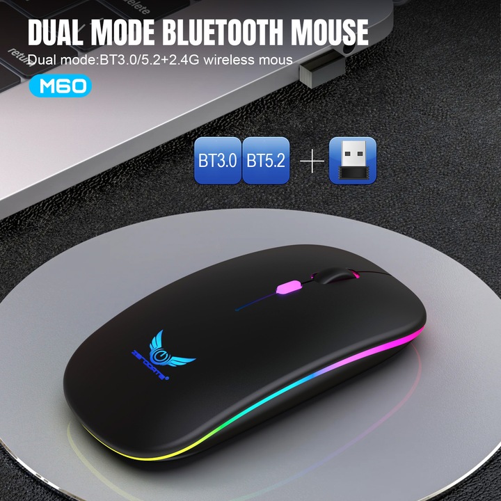 Vezeték nélküli megvilágított egér, kettős módú, fekete M61, csendes 2.4G Bluetooth