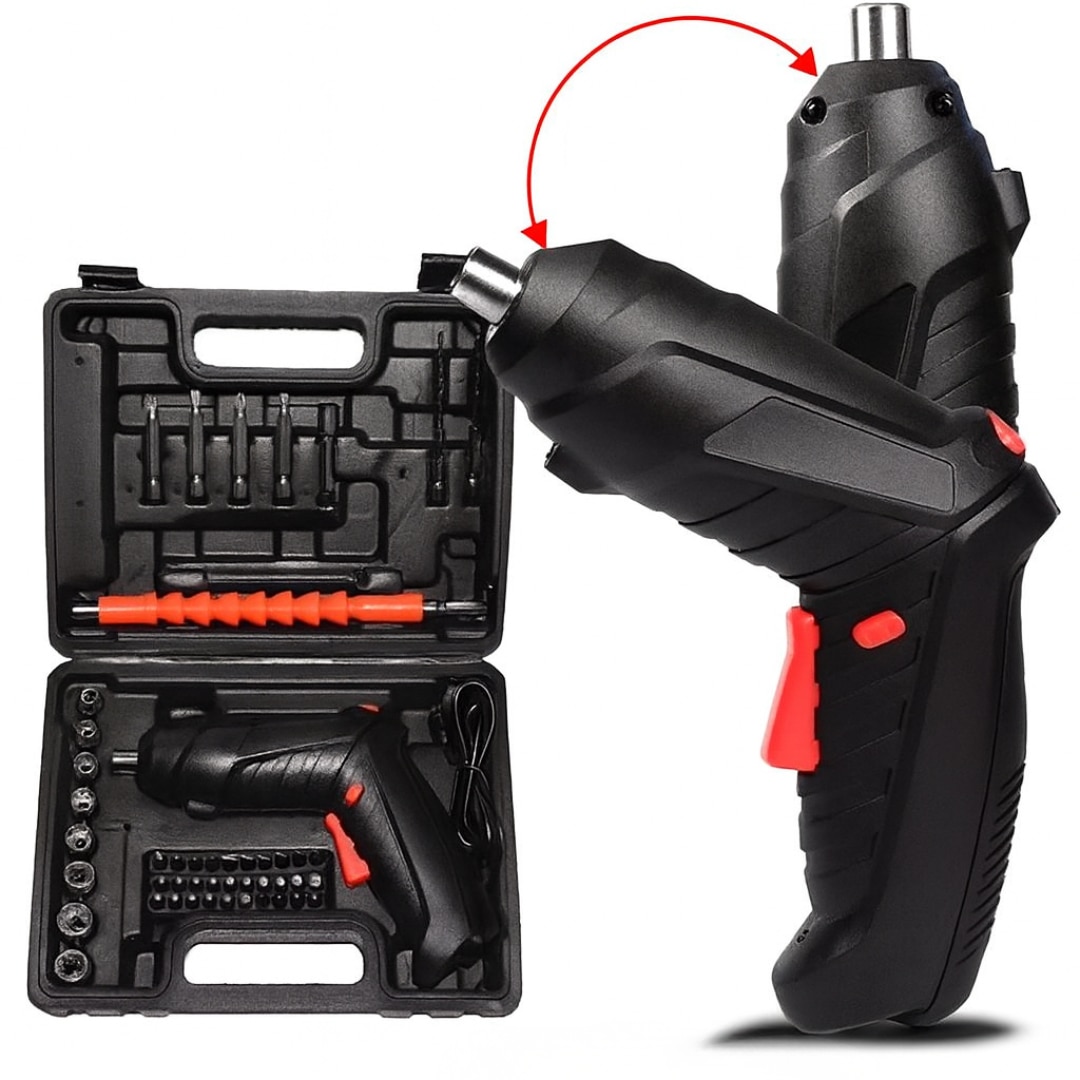 Surubelnita Electrica Portabila Macvi®, 47 Piese Acumulator Reincarcabil Maner Rotativ 90-180° Set Biti si Capete Tubulare Trusa Transport Negru
