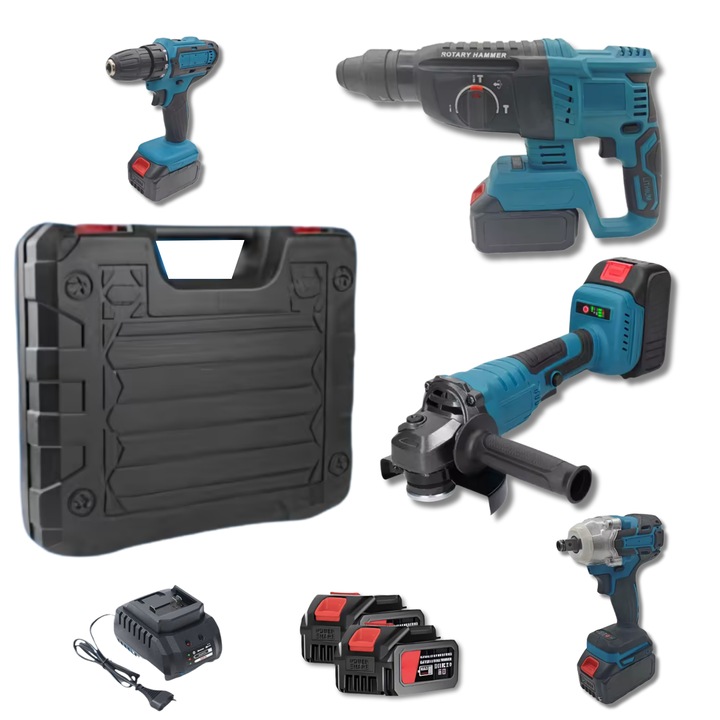 Комплект електрически инструменти, комплект 4 в 1, LuckyLu®, акумулаторен винтоверт, ударен гайковерт, ъглошлайф, перфоратор, 2 батерии 21V, зарядно устройство, куфар за транспорт, син/черен