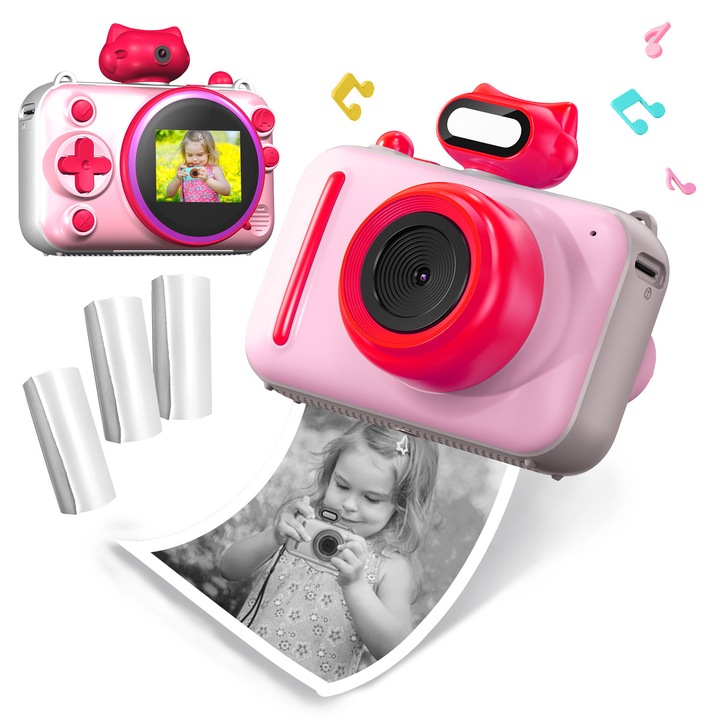 Camera foto instantanee pentru copii, 48MP, 2.5K video, 20 cadre cu autocolante, negru