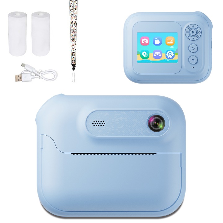 Camera digitala instantanee pentru copii, 1080P, imprimare foto instant, functii MP3 si jocuri, albastra