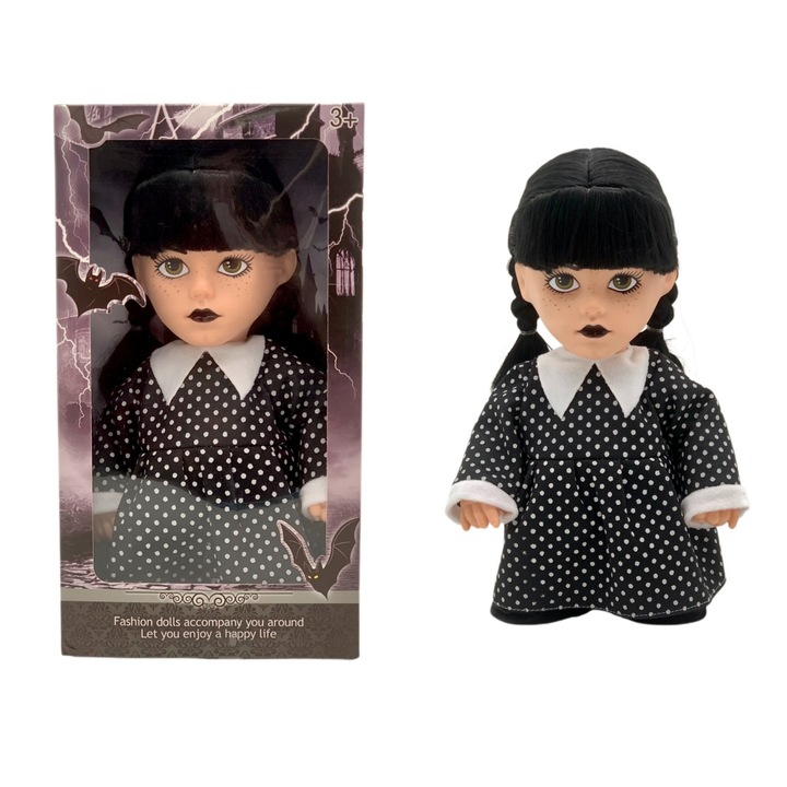 Papusa interactiva Wednesday Addams, rochie neagra cu buline, poate merge si canta, editie premium, set limitat