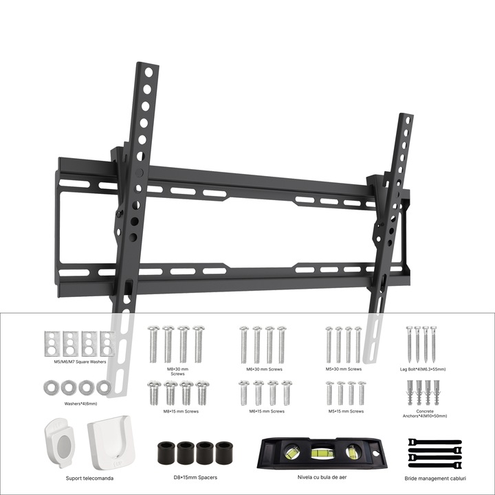 Стойка за телевизор VGSOLID46T, Регулируема, 37"–80", VESA 600×400, 45 кг, профил 28 мм, наклон 0°/–15°, черна