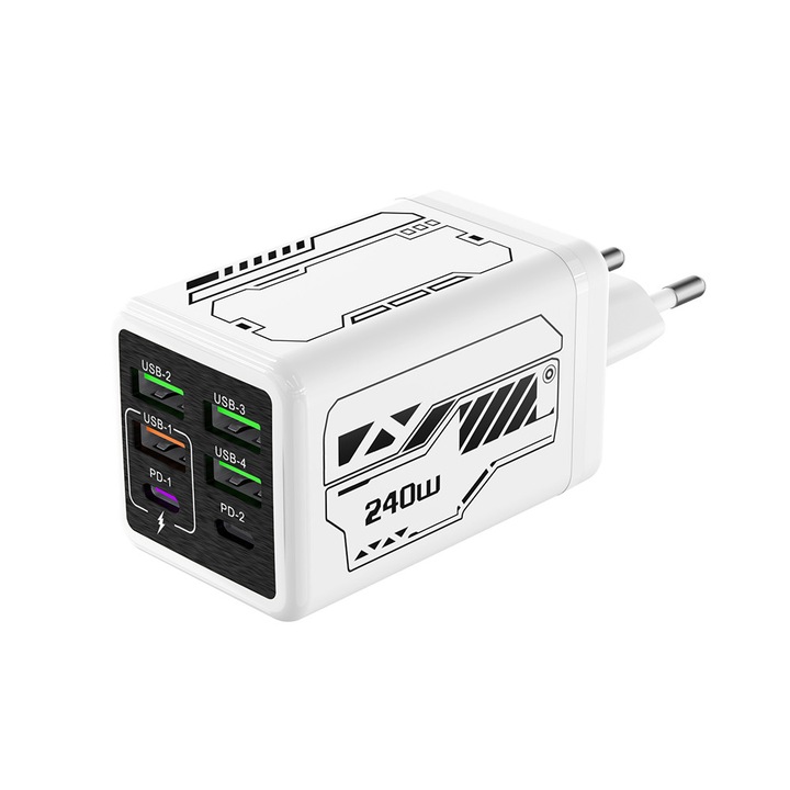 Többportos töltő, 6 portos, 240W-os gyorstöltéssel, 4 USB port, 2 Type-C port, támogatja a QC3.0 protokollt, univerzális többportos kialakítás, kompatibilis mobiltelefonokkal, okosórákkal, iPhone, Huawei, Samsung, Xiaomi, Fehér