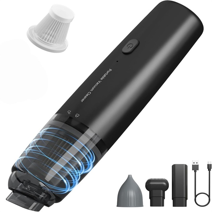 Aspirator portabil fara fir, aspirator portabil pentru masina cu filtru HEPA, 2 moduri de aspirare, mini aspirator portabil reincarcabil pentru masina, casa, par de animale, birou, birou, tastaturi (negru)