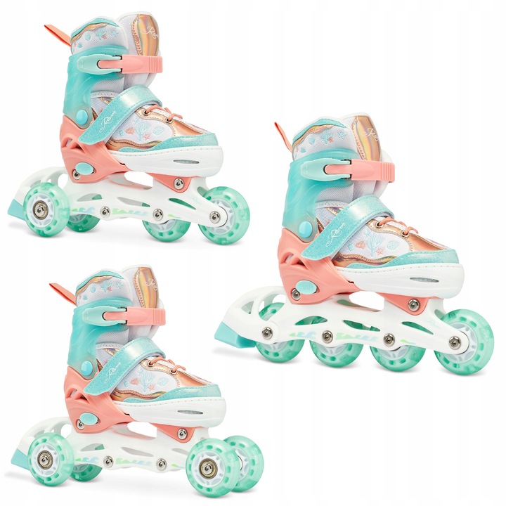 Rolki Wrotki 3w1 Regulabile Isla 34-37, Kolka LED, Portocalie/Menta