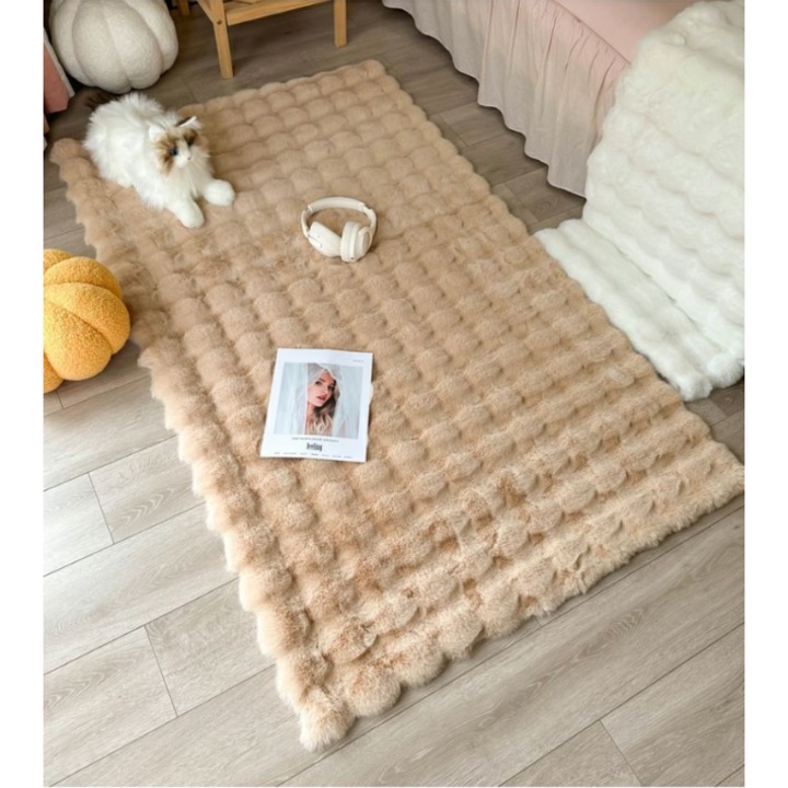 Covor dreptunghiular ORBER cu tesatura buclata, blana artificiala de iepure, stil crem, potrivit pentru sufragerie/dormitor/hol/balcon, baza antiderapanta, Maro deschis, 100 x 160 cm