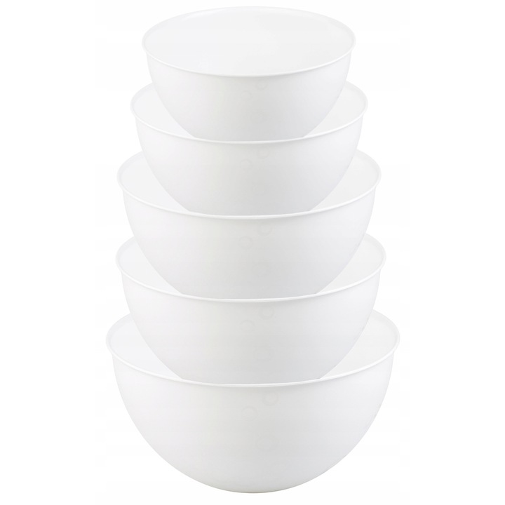 Set 5 Boluri Plastice Practic, Albe, Diverse Capacități, 6L-0.5L