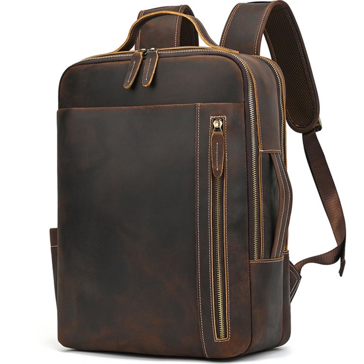 Rucsac barbatesc din piele naturala, 2 compartimente, laptop 16 Inch, buzunare multiple, design vintage casual, accesorii aurii, greutate 1.45 kg, maro inchis