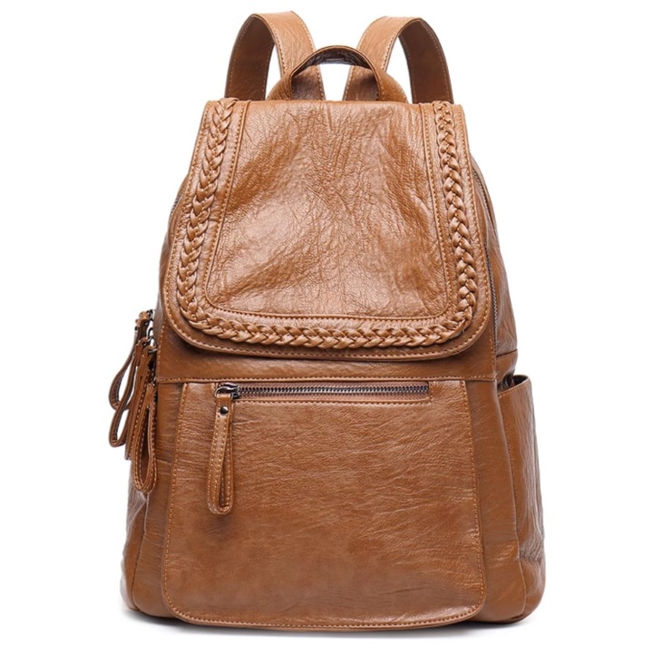 Rucsac dama din piele naturala, design elegant cu impletitura manuala, compartimente multiple, buzunar antifurt, interior spatios, compatibil iPad si documente A4, 30x36x12.5 cm, caramel