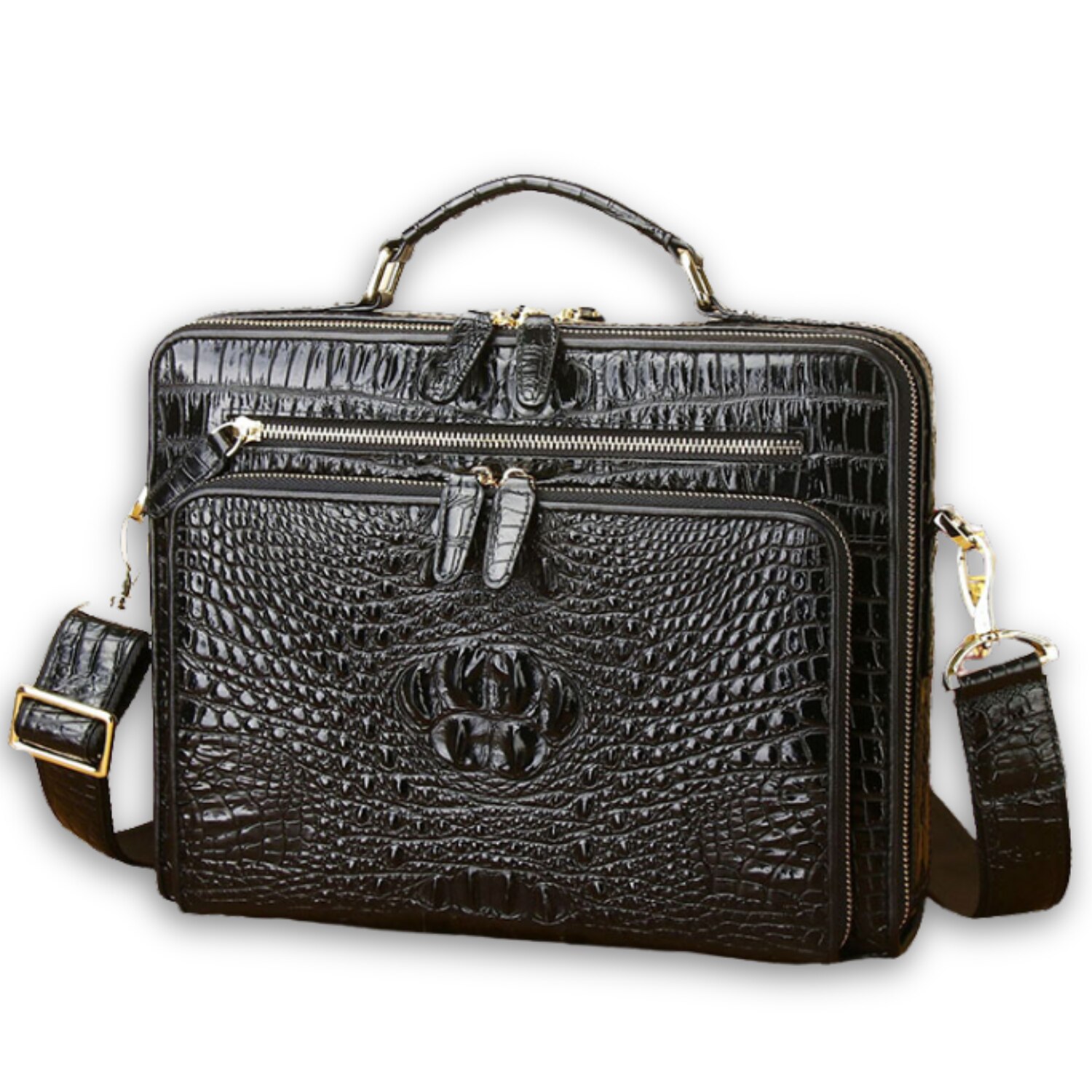 Servieta business din piele naturala, model premium, design elegant, dimensiuni 32x25x8 cm, compartimente multiple, curea reglabila, negru lucios