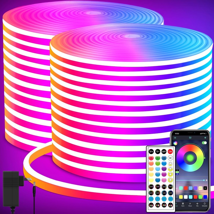 Banda LED Neon RGB 20m, YOUKUKE, Flexibila, 1200 de lumini LED, multicolor, Bluetooth, Sincronizare Muzica, Aplicatie Telefon, Telecomanda, Timer, IP65