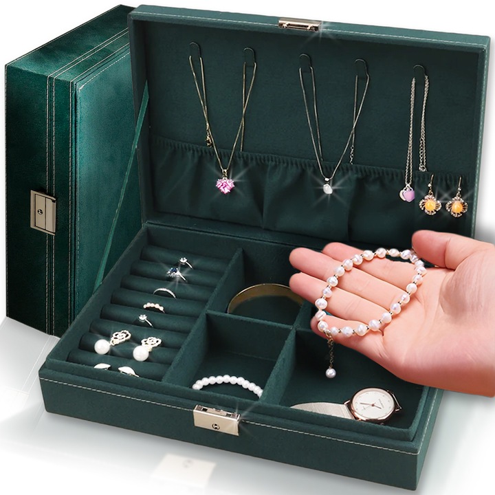 Elegáns Ekszerdoboz RETOO Glam, Doboz Ékszerekhez, Órákhoz És Egyéb Kiegészítőkhöz, Velúr Bőr Anyagból, Kulccsal Zárható, 28x19x6, 5 Cm, ​​sötétzöld