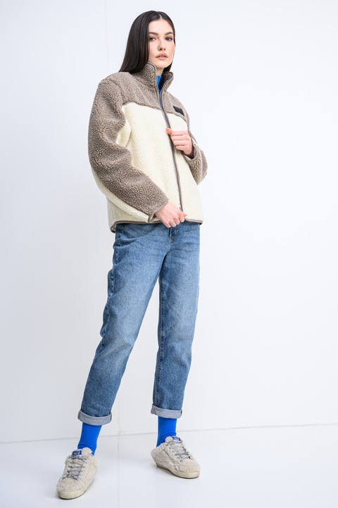 Karl Kani, Jacheta din material teddy cu model in doua tonuri, Bej/Maro taupe deschis, M