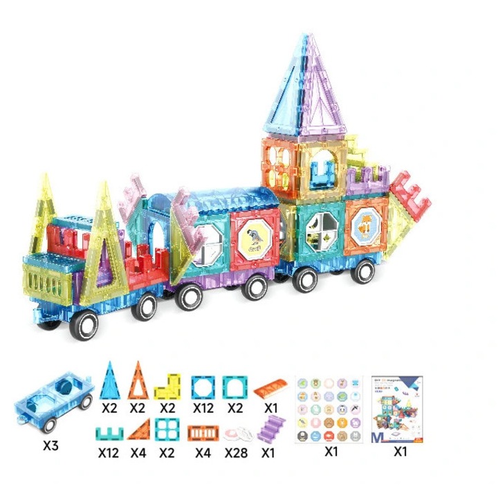 Магнитен конструктор Mamido 75 части, влакче, колички, цветен