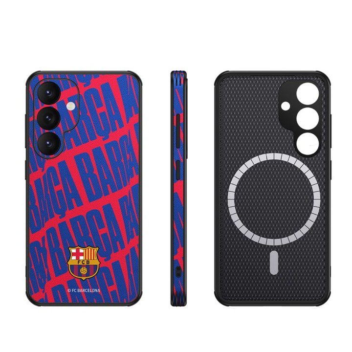 Etui magnetic FC Barcelona pentru Samsung Galaxy S24, suport inclus, material durabil, negru