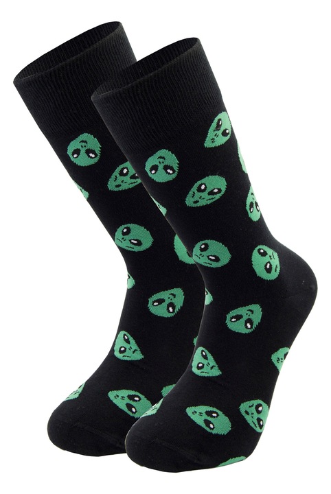 Vicces színes fésült pamut zokni, Newtone, D054, Varrás nélküli, Alien minta, 40-45 EU