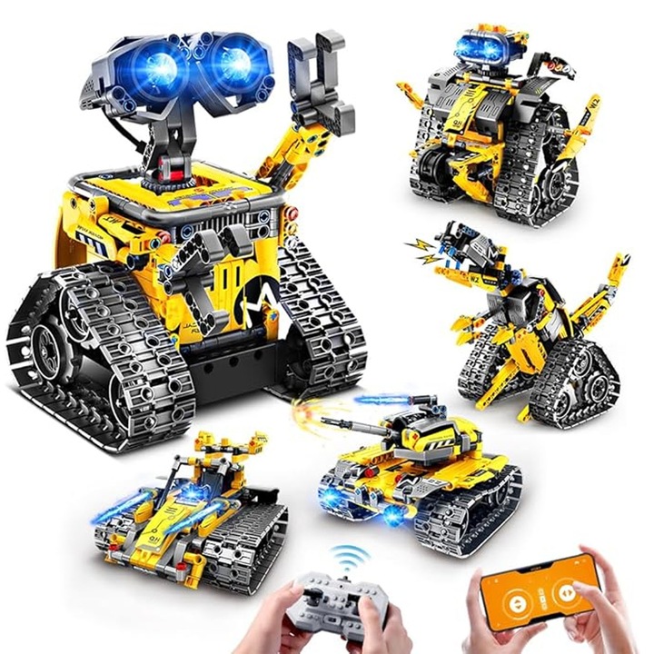 Set de constructie robot, asskanaer, 4 in 1, Jucarie Educativa cu 672 Piese, Control prin aplicatie si telecomanda, 4 Moduri de Control, Lumina Inteligenta, Telecomanda si Programare prin Aplicatie Mobila, 8+ ani, ABS, 15.5x21x19.5cm, Gri-galben