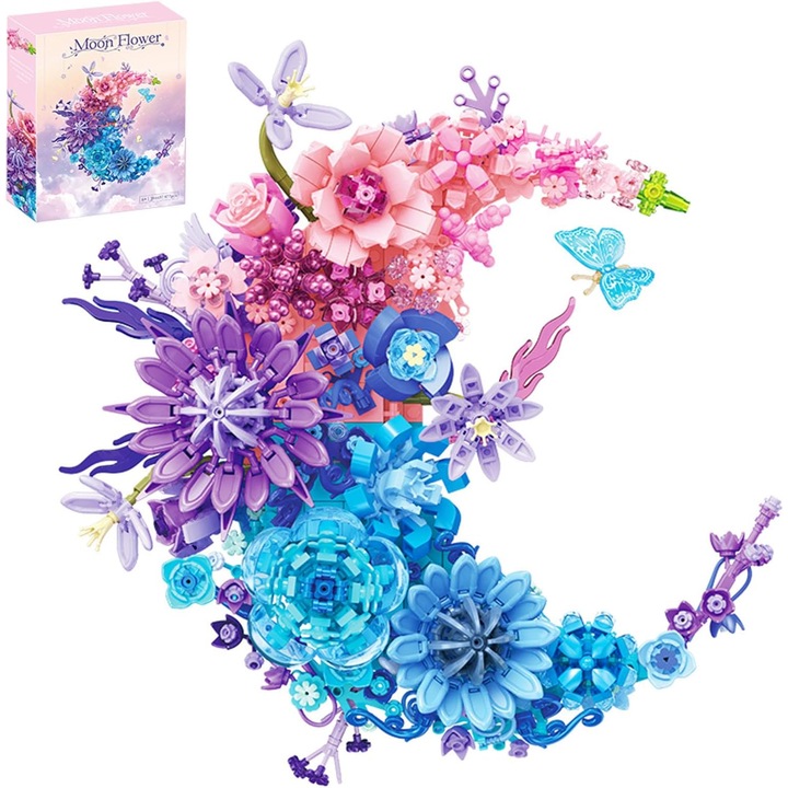 Set de constructie buchet flori artificiale, Colectia Botanica, Decoratiuni de masa sau de perete, Relaxare Creativa si Mindfulness, ABS Floare 3D, 977 piese, Set decorativ unic in forma de semiluna decor pentru casa Cadou minunat, Roz