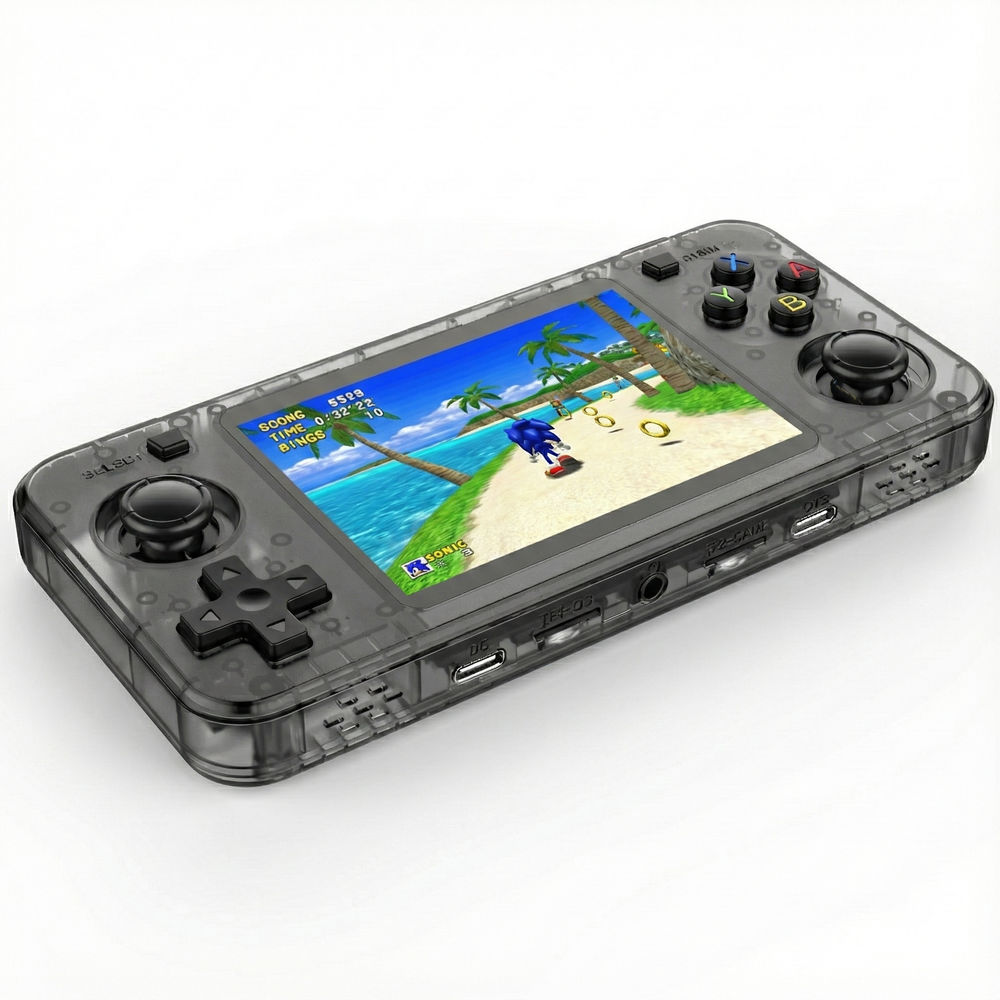 Consola retro portabila R36H 64GB cu jocuri, quad core Cortex-A53 1.5GHz, 1GB DDR3, IPS LCD 3.5" 640x480, 3000 mAh, negru transparent
