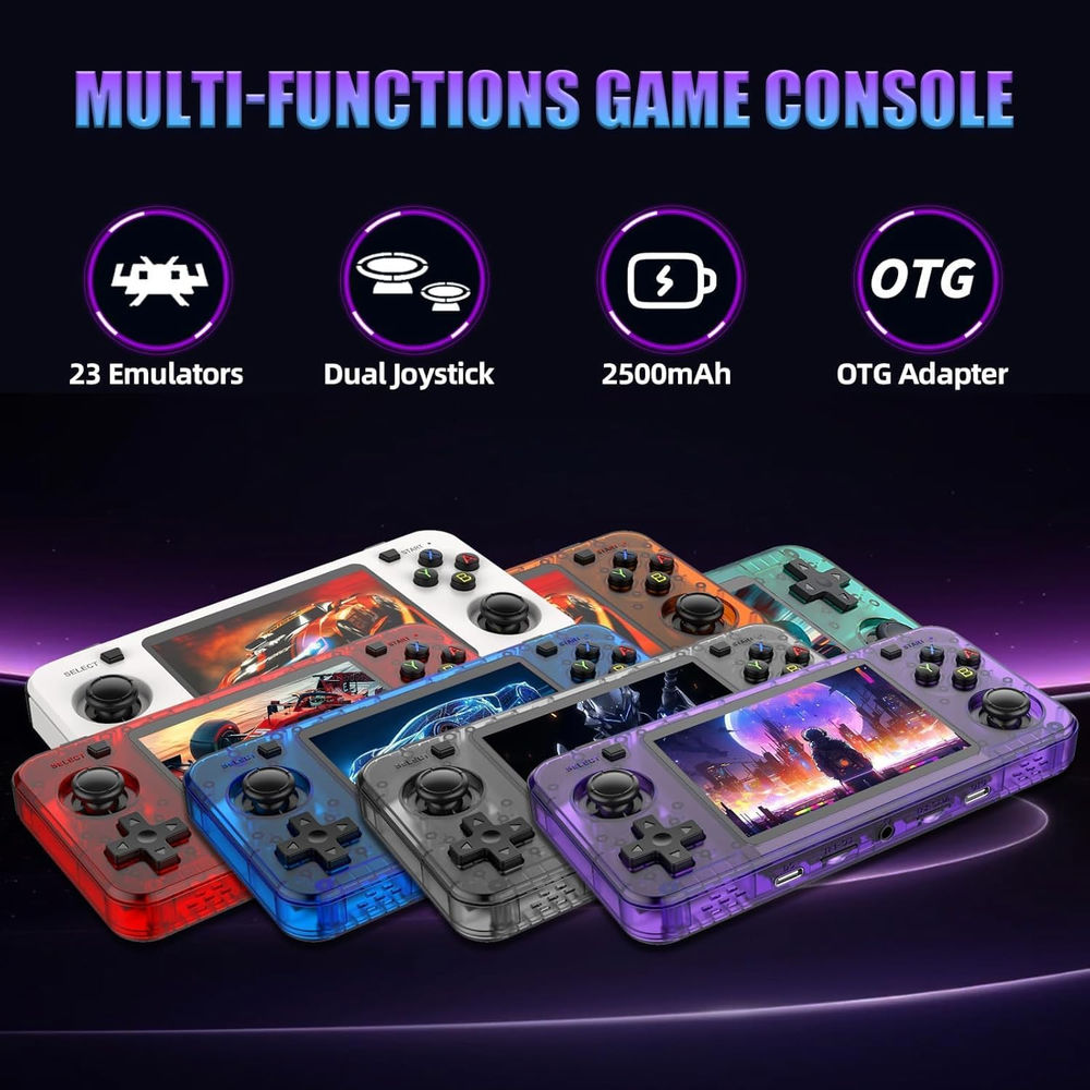 Consola retro portabila R36H 64GB cu jocuri, quad core Cortex-A53 1.5GHz, 1GB DDR3, IPS LCD 3.5" 640x480, 3000 mAh, negru transparent