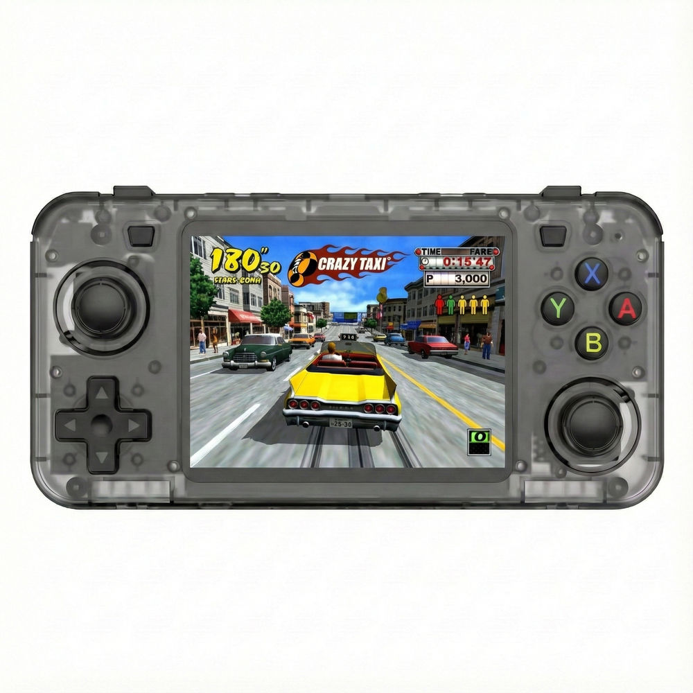 Consola retro portabila R36H 64GB cu jocuri, quad core Cortex-A53 1.5GHz, 1GB DDR3, IPS LCD 3.5" 640x480, 3000 mAh, negru transparent