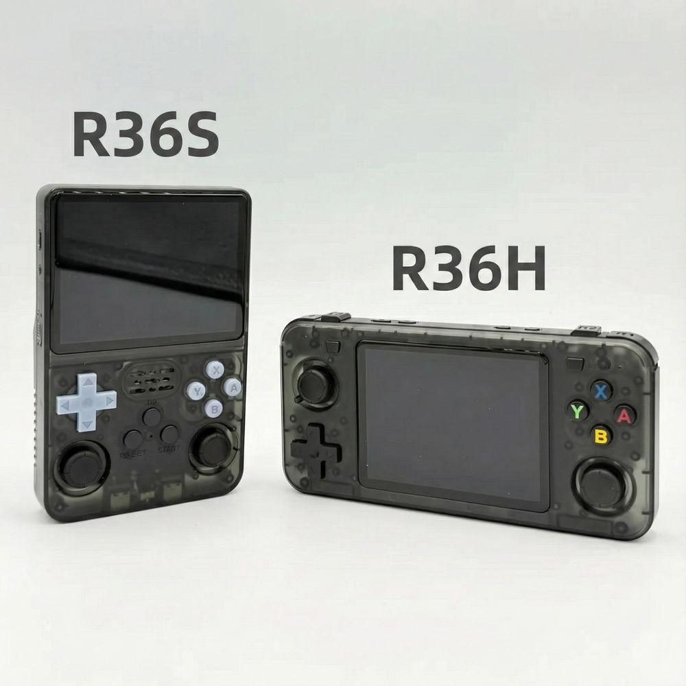 Consola retro portabila R36H 64GB cu jocuri, quad core Cortex-A53 1.5GHz, 1GB DDR3, IPS LCD 3.5" 640x480, 3000 mAh, negru transparent