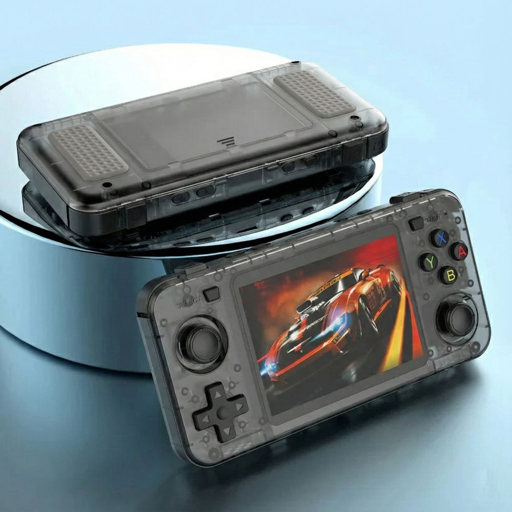 Consola retro portabila R36H 64GB cu jocuri, quad core Cortex-A53 1.5GHz, 1GB DDR3, IPS LCD 3.5" 640x480, 3000 mAh, negru transparent