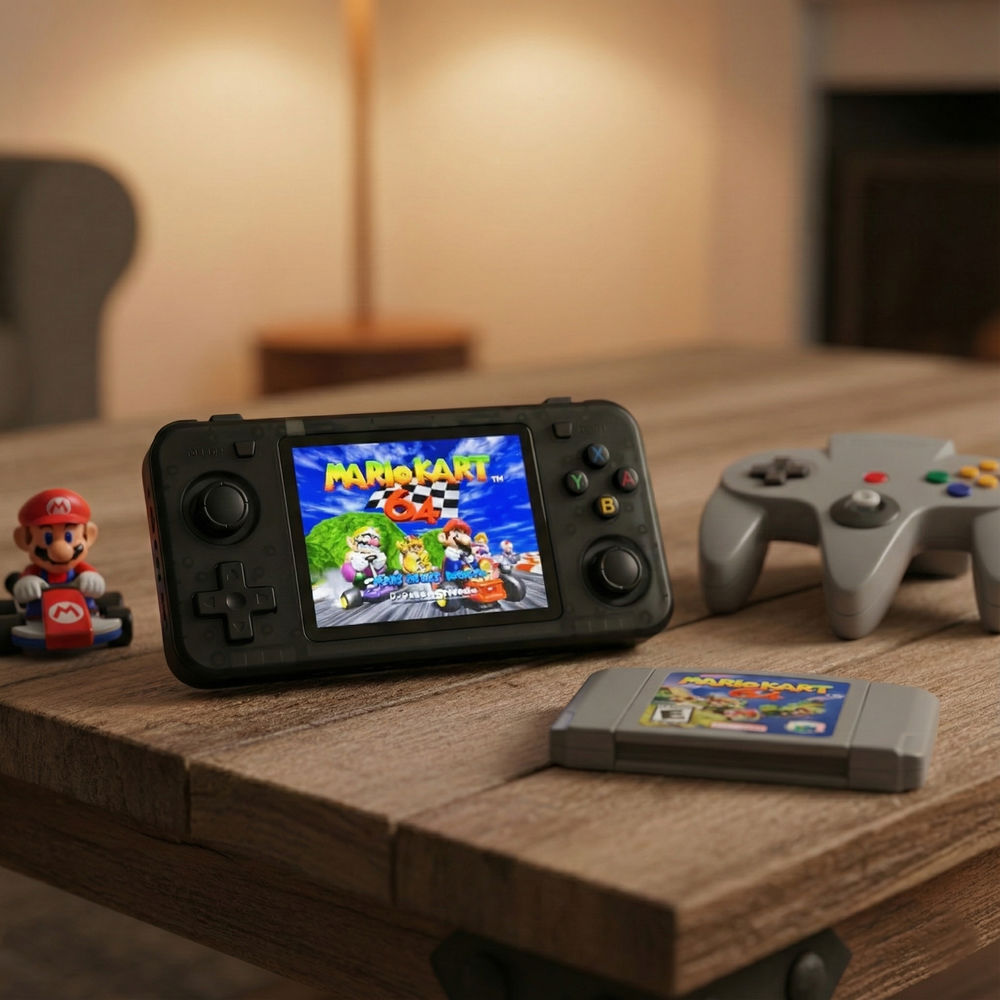 Consola retro portabila R36H 64GB cu jocuri, quad core Cortex-A53 1.5GHz, 1GB DDR3, IPS LCD 3.5" 640x480, 3000 mAh, negru transparent