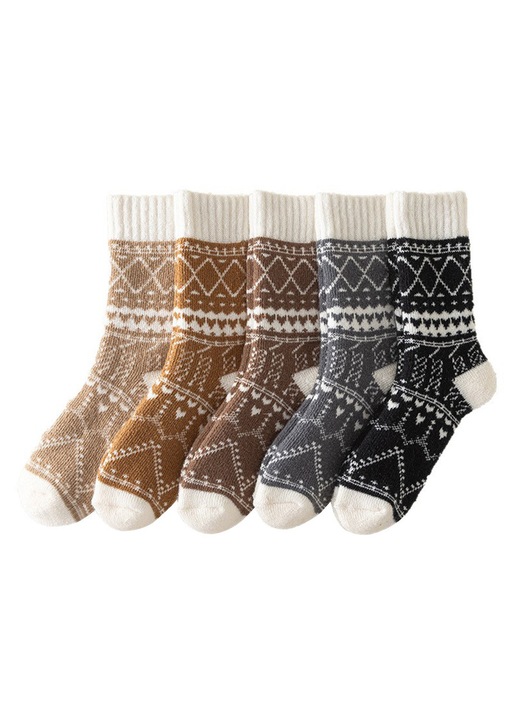 Set de 5 perechi sosete bartati de bumbac de oua, Ingrosate, model mid-calf pentru iarna, Extra groase cu bucle de lana, blanzile si calde, bumbac/lana/poliester/elastan, multicolor, 39-44