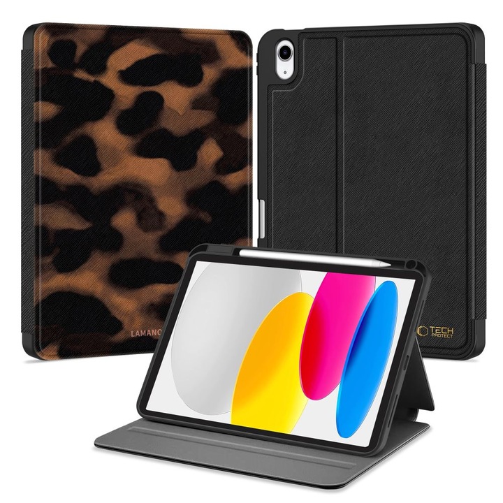Huse tabletă iPad 2025 11 inch (iPad 11) - Husă inteligentă LAMANO cu imprimeu de leopard, cu suport pentru creion