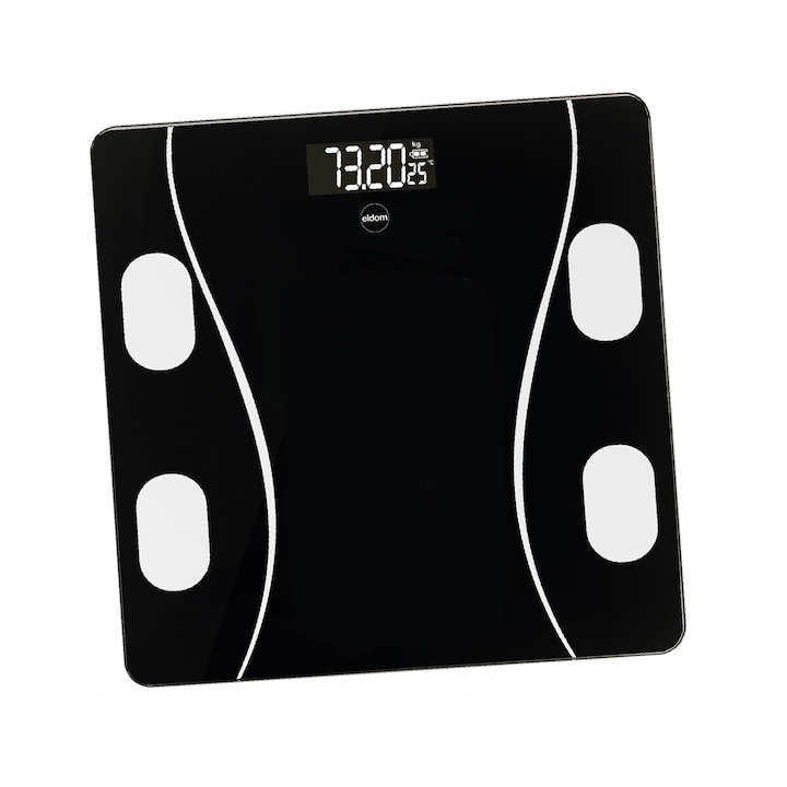 Eldom TWO610 ILLIE analitikai / fürdőszobai mérleg, Bluetooth alkalmazás szinkronizálással, BIA testösszetétel elemzés zsírra, izomtömegre és vízre, 180kg kapacitás, Fekete