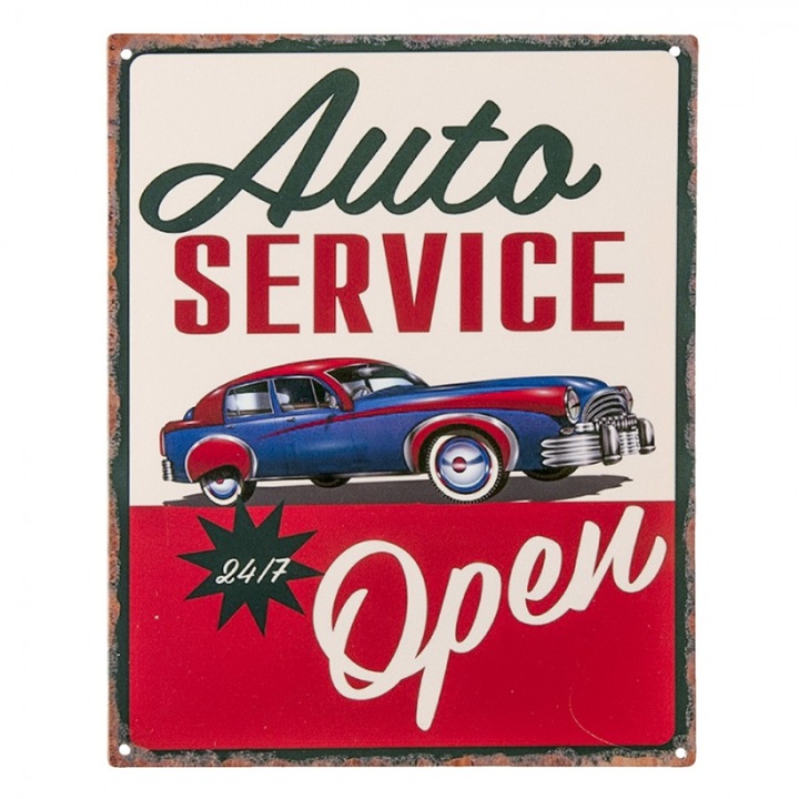 Semn metalic montat pe perete Auto Service Open, Clayre & Eef, 20x1x25 cm