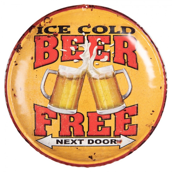 Semn de perete rotund din metal, Clayre & Eef, Beer Free, galben, 35x2 cm
